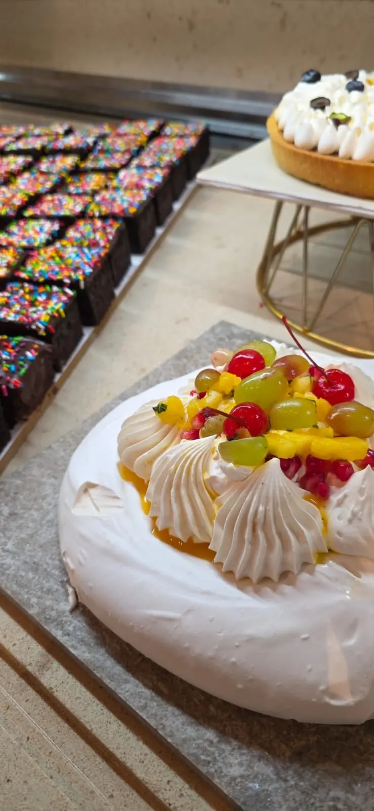 Pavlova and brownies on the buffet