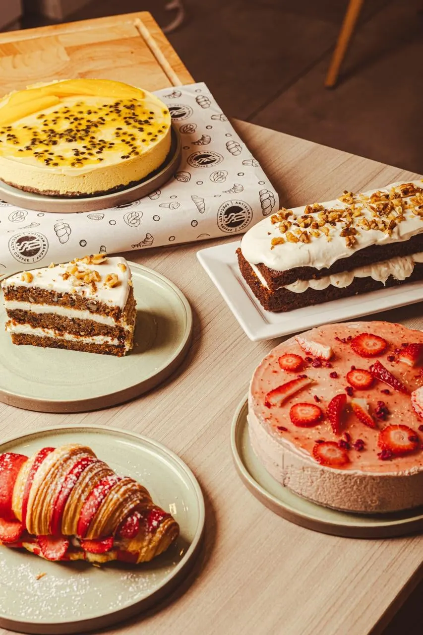 Passion fruit cheesecake, carrot cake & strawberry mousse cake
