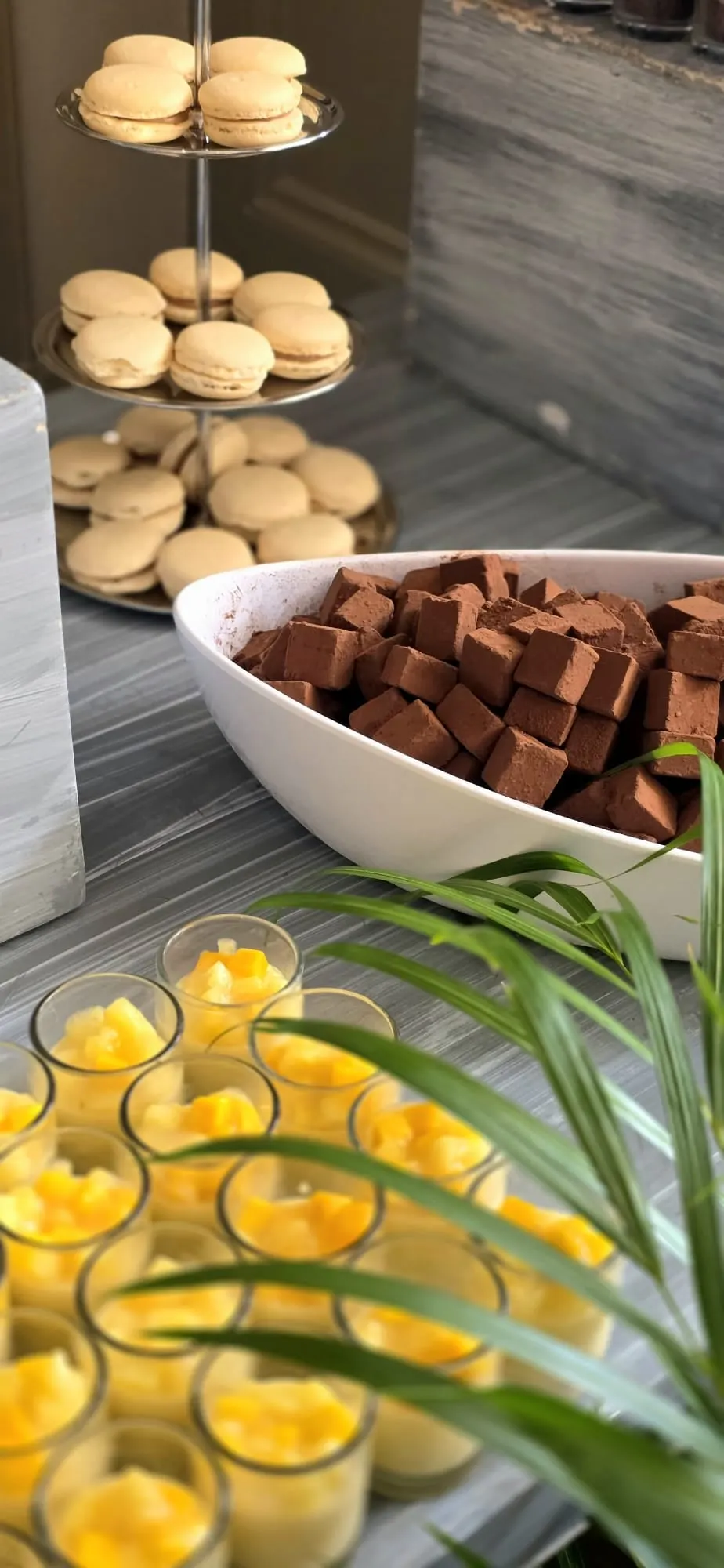 Macarons, truffles and mango cups